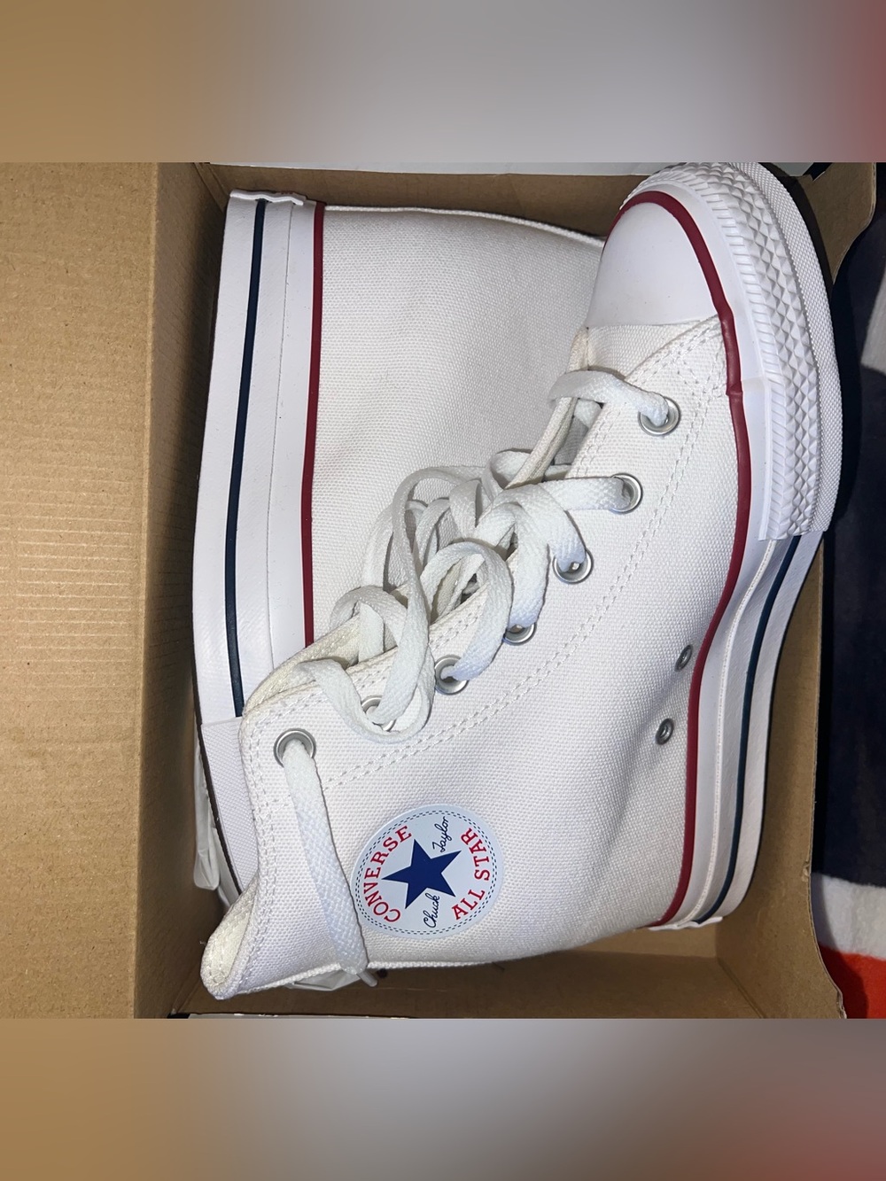 Converse High Top Sneakers in White with Red & Navy Accents